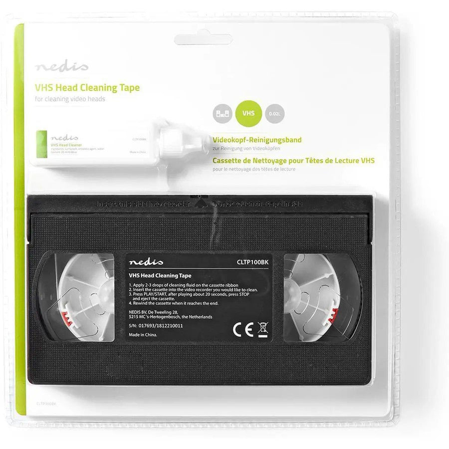 Nedis CLTP100BK VHS Head Cleaning Cassette with 20ml Cleaning Fluid – VCR Video Head Cleaner